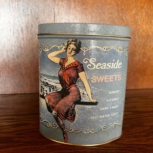 Vintage Seaside Sweets Tin with Blue and Red Design